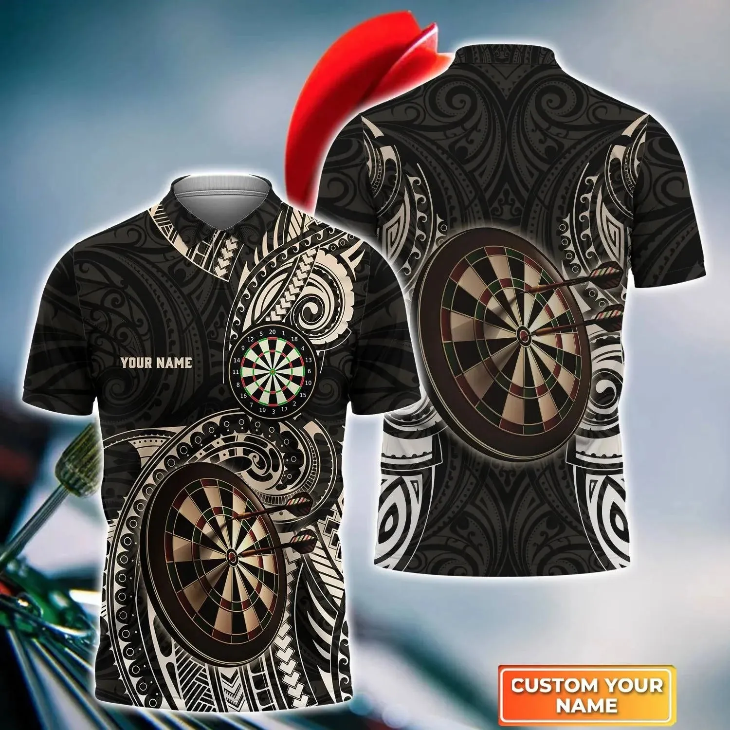 Brown Tattoo Darts Personalized Name 3D Polo Shirt for Darts Team Player, Dart Polo Shirt, Dart Team Shirts