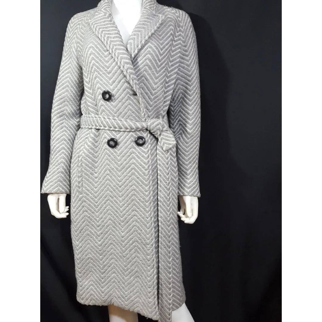 CACHAREL Herringbone Wool Tweed Belted Coat Size M