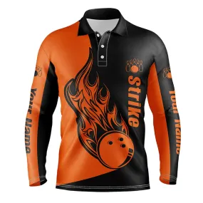 Custom Black and Orange Bowling Long Sleeve Polo Shirts For Men, Bowling Team Shirts Bowling Strike