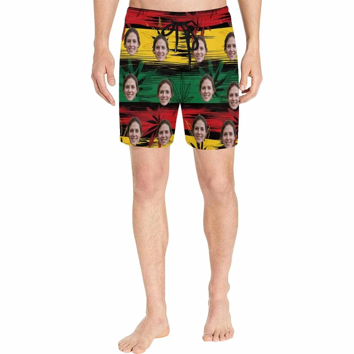 Custom Face Drawstring Swim Trunks Personalized Colorful Leaves Men's Quick Dry Swim Shorts