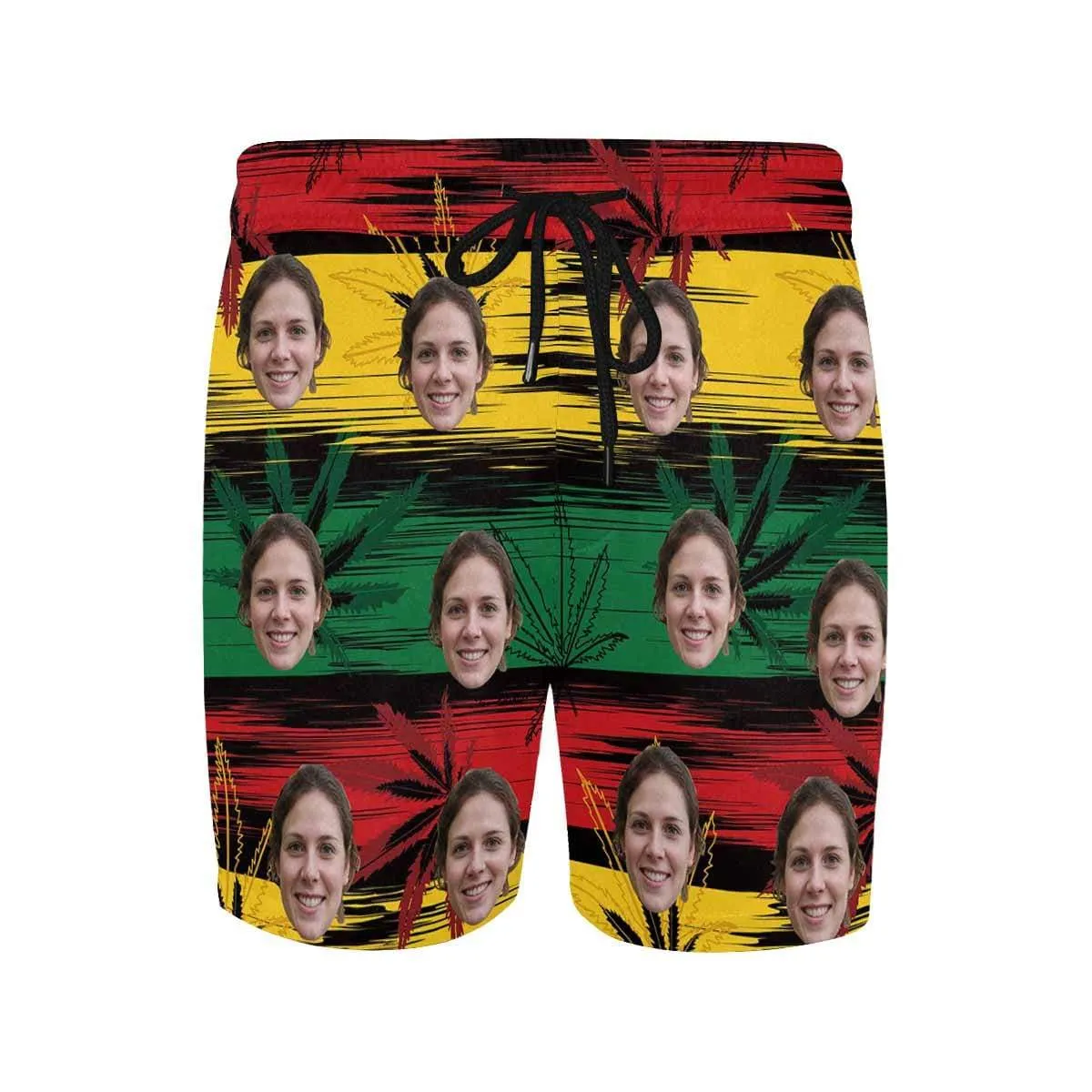 Custom Face Drawstring Swim Trunks Personalized Colorful Leaves Men's Quick Dry Swim Shorts