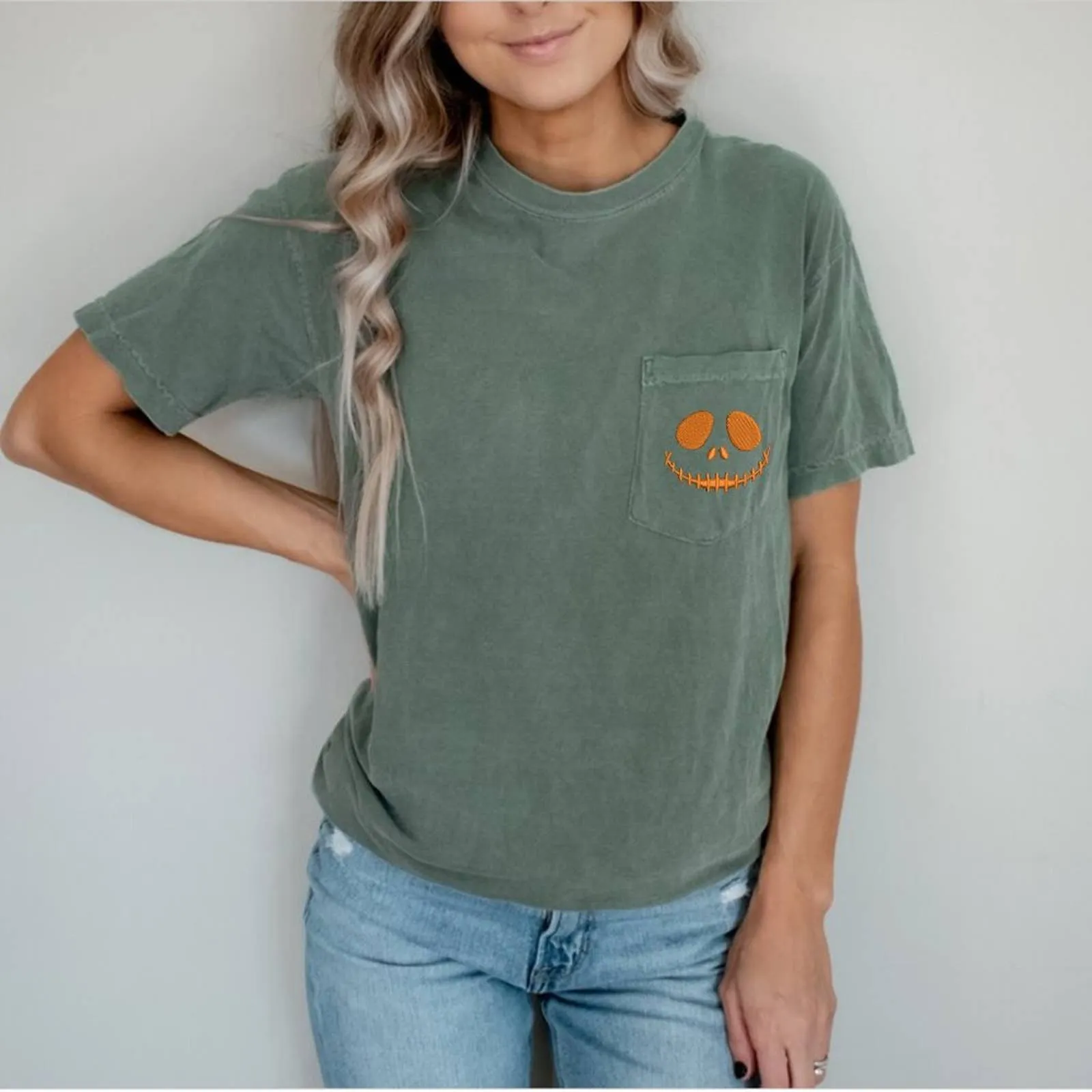 Embroidered Spooky Season Comfort Color Pocket T-shirts / Halloween Ghost Shirts