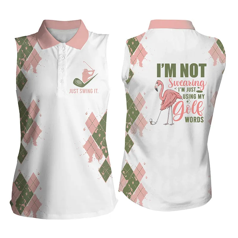 Funny Flamingo Womens Golf Polos Shirts Custom Name I'M Not Swearing, I'M Just Using My Golf Words