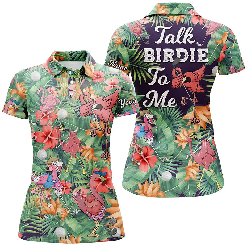 Funny Women Golf Polo Shirt Custom Green Tropical Flower Flamingo Golf Shirts Talk Birdie To Me