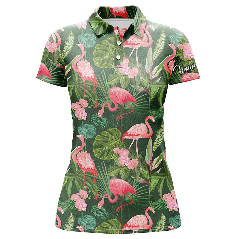 Funny Women Golf Polo Shirt Custom Green Tropical Flower Flamingo Golf Shirts Talk Birdie To Me