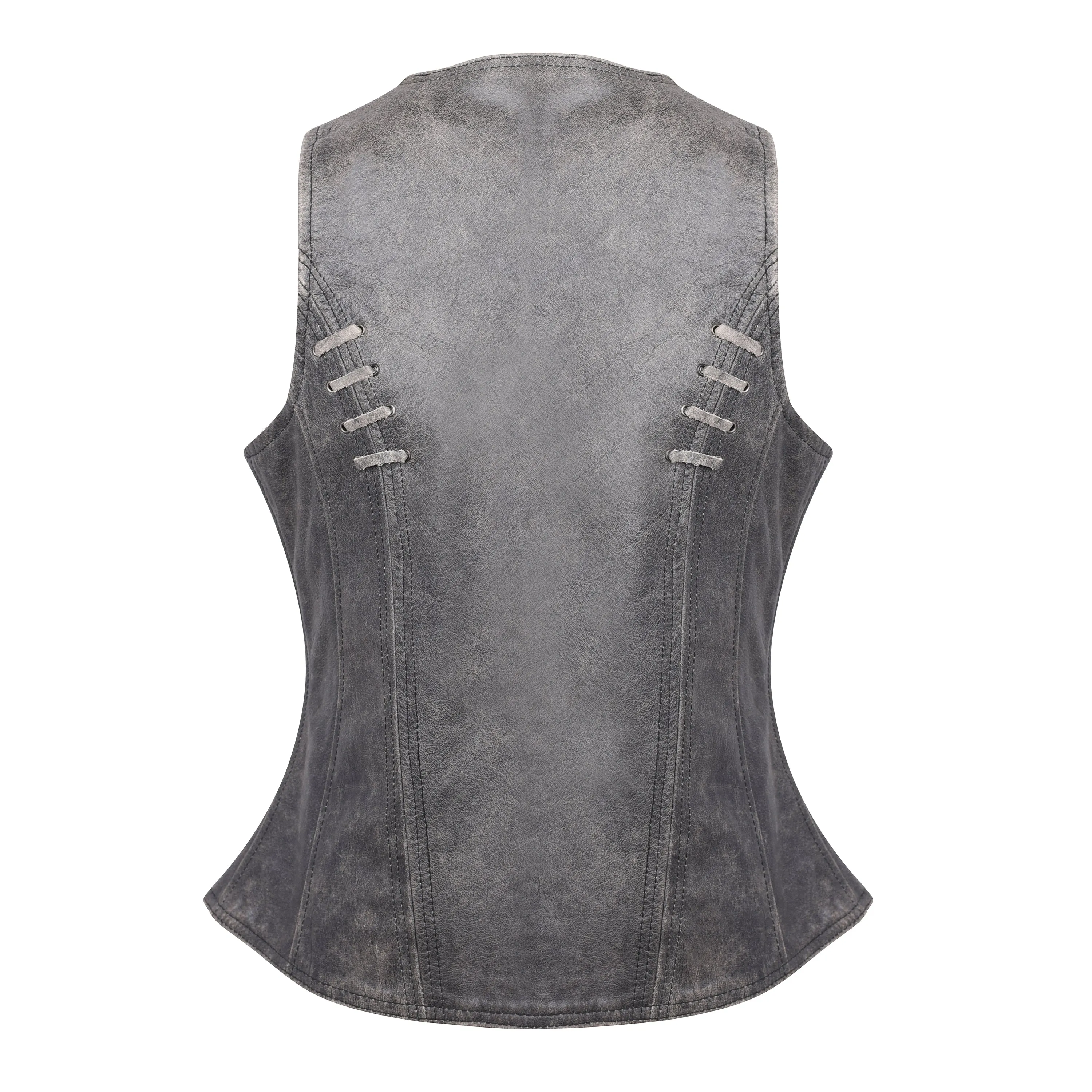 HML1038DG Ladies Lightweight Distressed Gray Leather Vest with Grommeted Twill and Lace Highlights