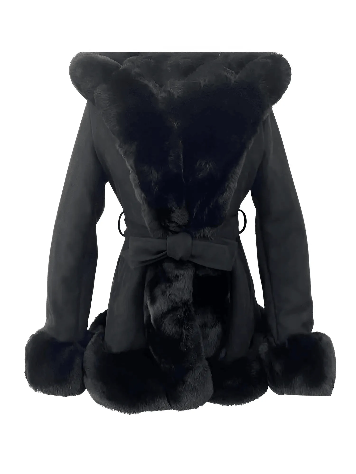 Hooded Fur Coats For Women With Belt and Fur Lining Inside