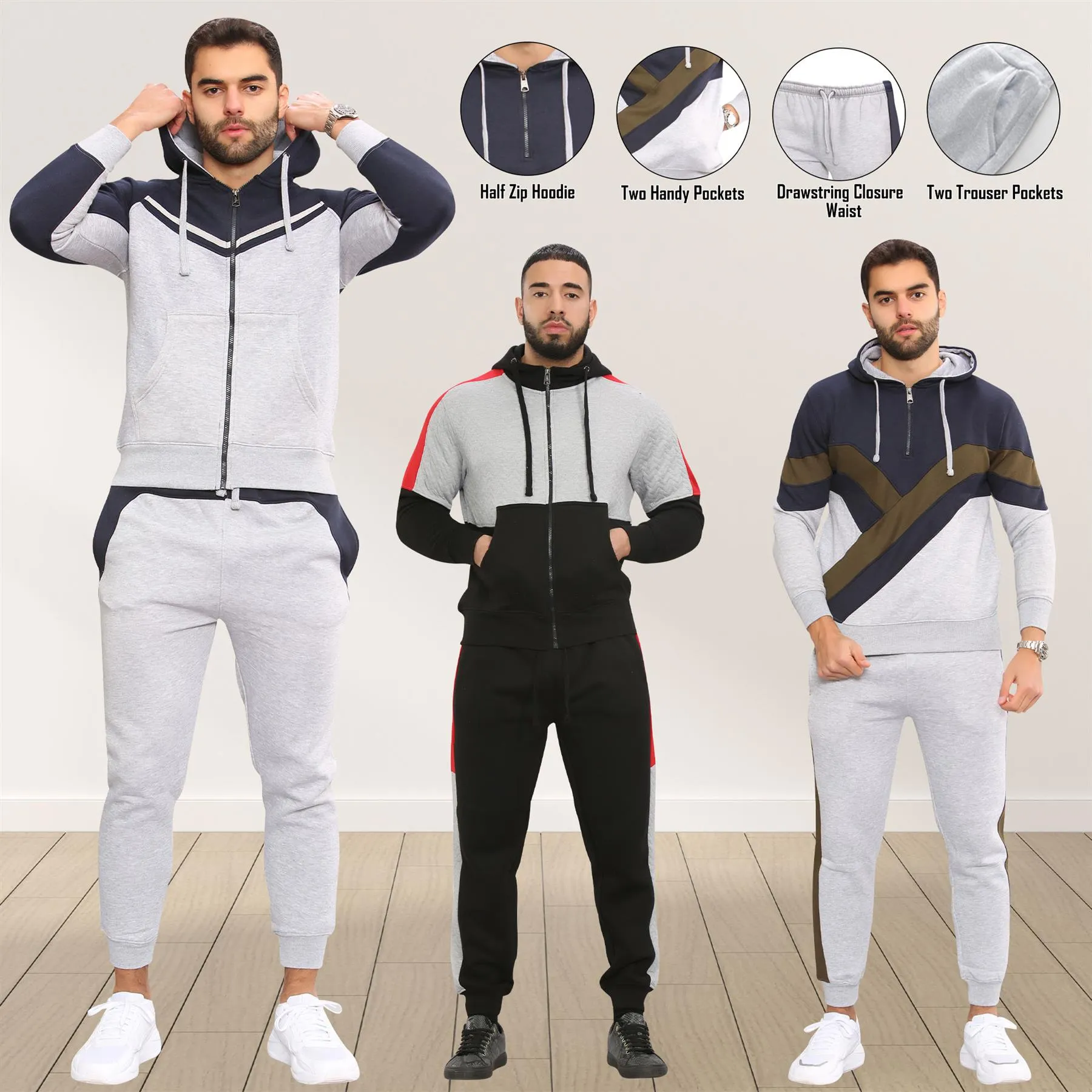 Men Fleece Side Panel Zipper Hoodie & Joggers Set