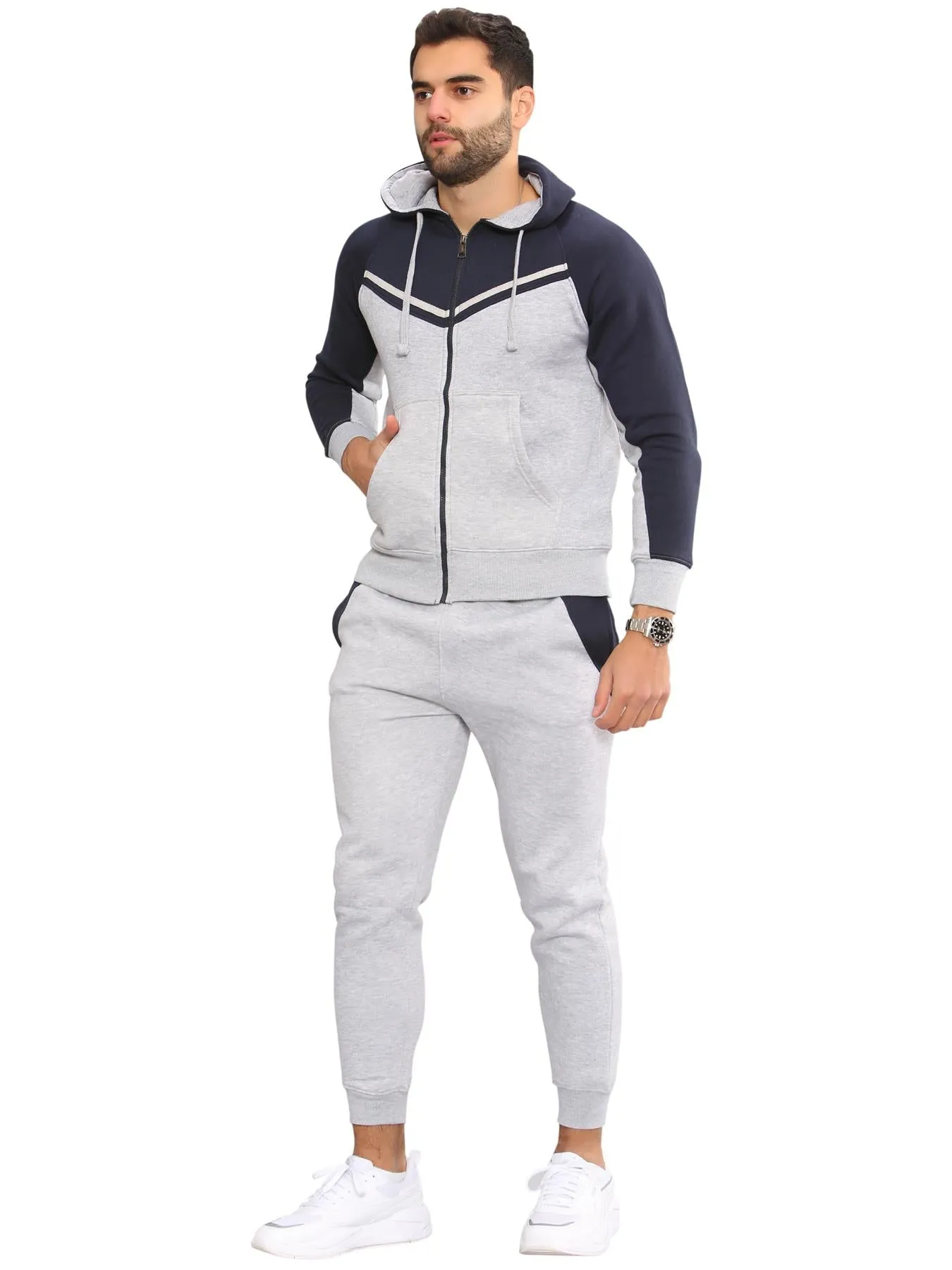 Men Fleece Side Panel Zipper Hoodie & Joggers Set