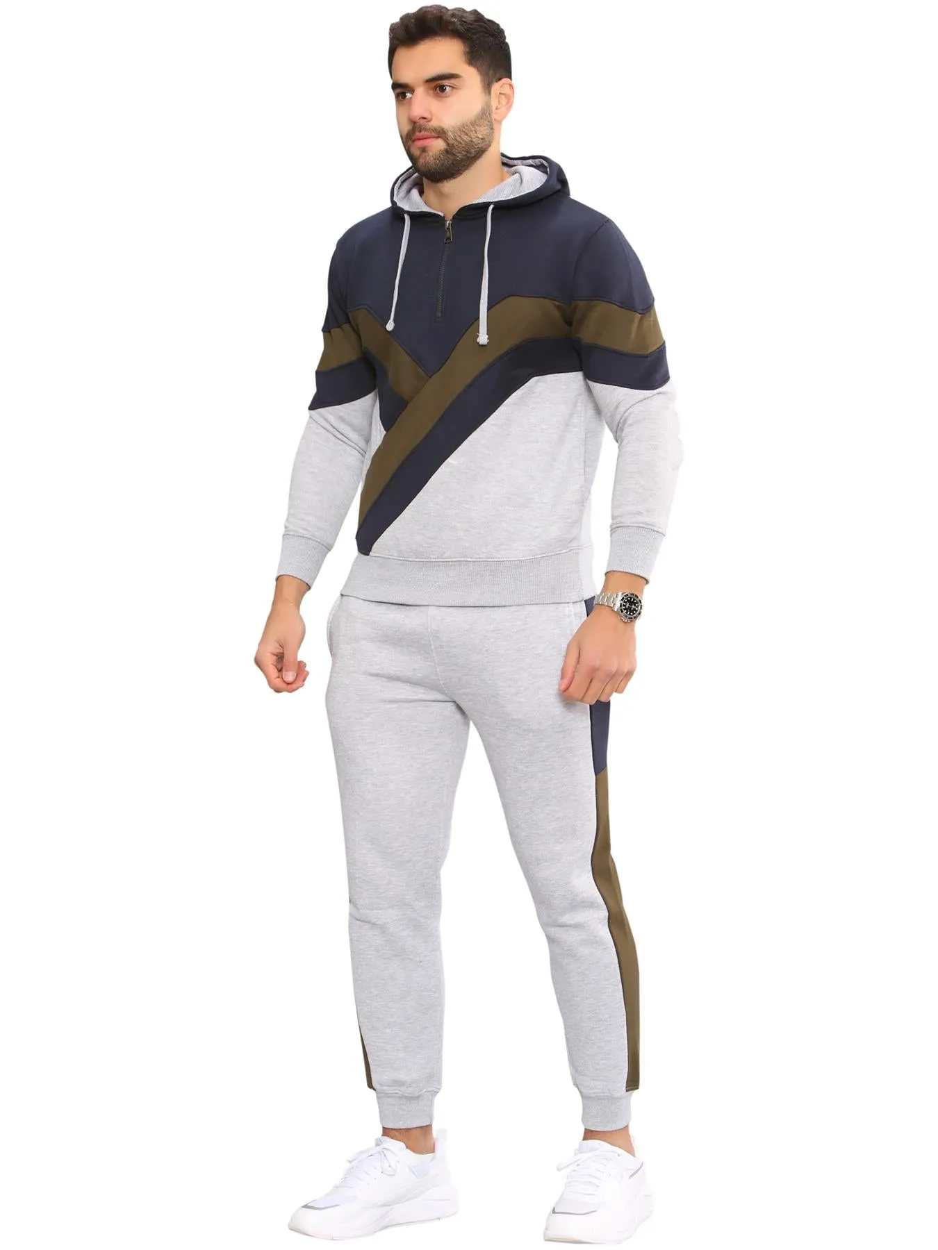 Men Fleece Side Panel Zipper Hoodie & Joggers Set