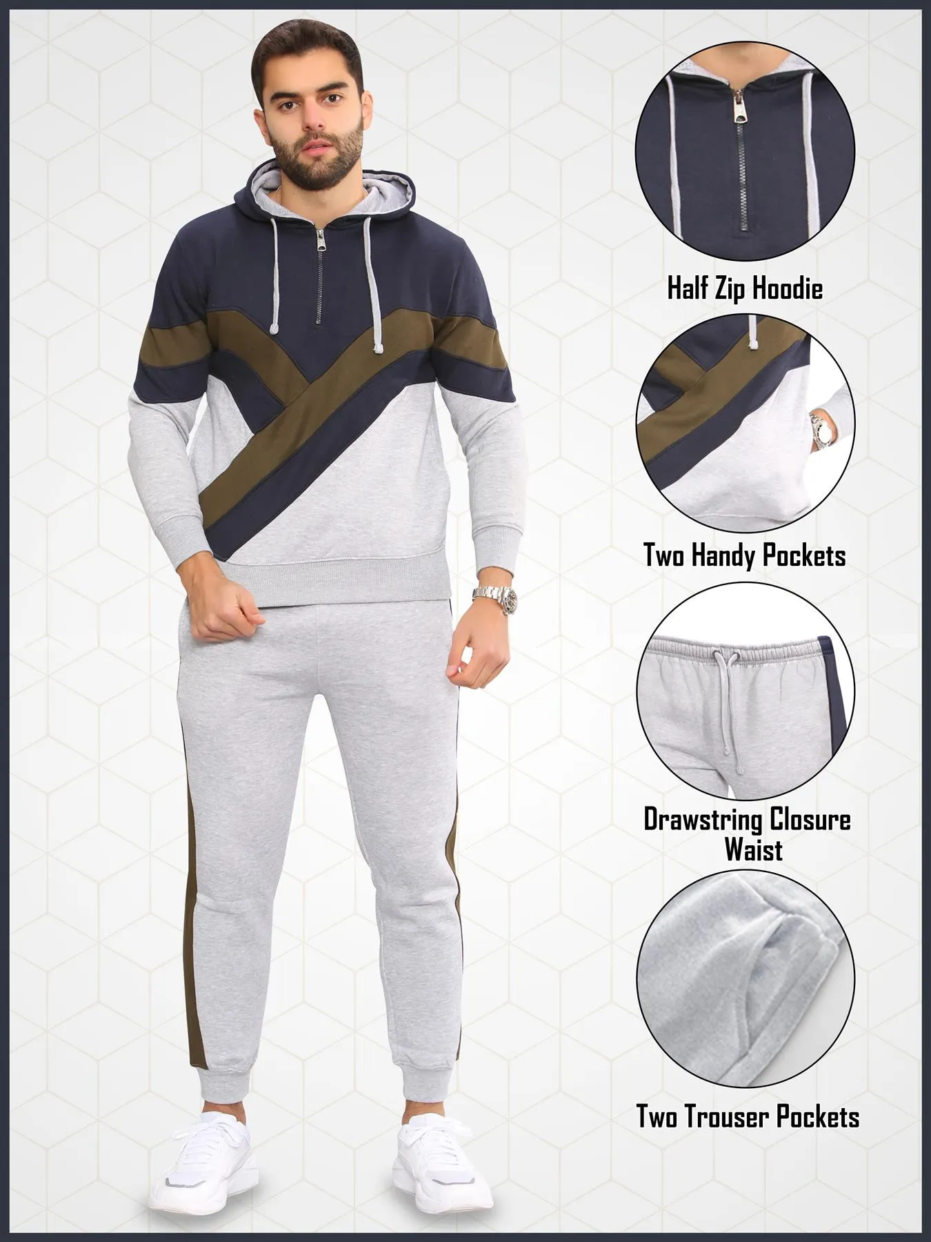 Men Fleece Side Panel Zipper Hoodie & Joggers Set