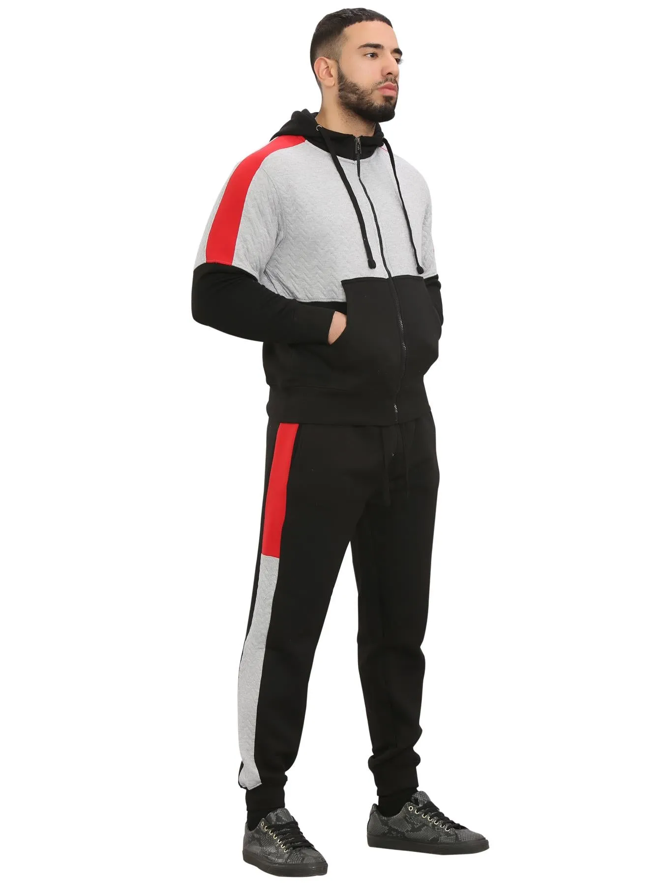 Men Fleece Side Panel Zipper Hoodie & Joggers Set