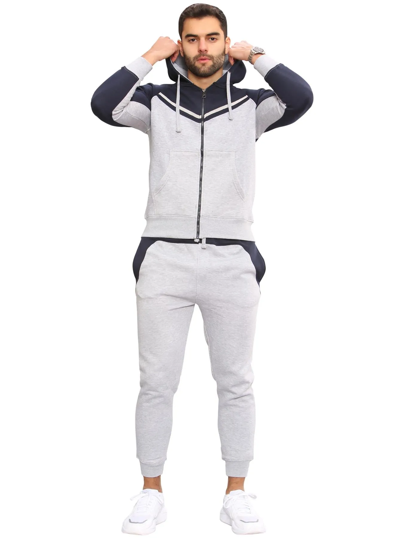 Men Fleece Side Panel Zipper Hoodie & Joggers Set