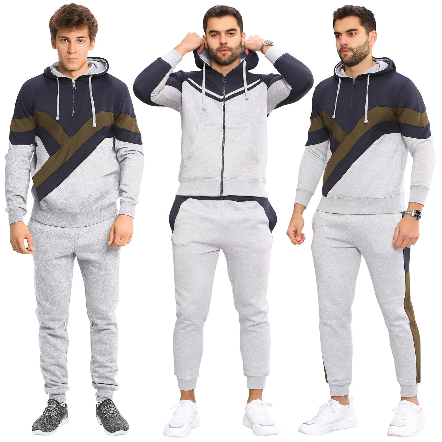 Men Fleece Side Panel Zipper Hoodie & Joggers Set