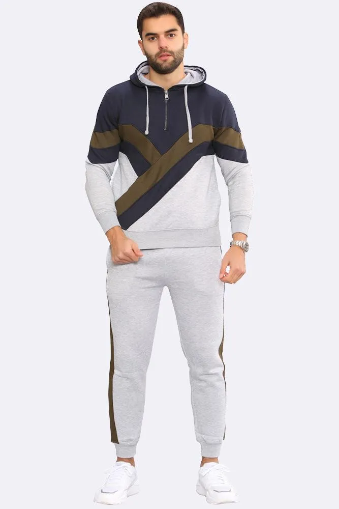 Men Fleece Side Panel Zipper Hoodie & Joggers Set