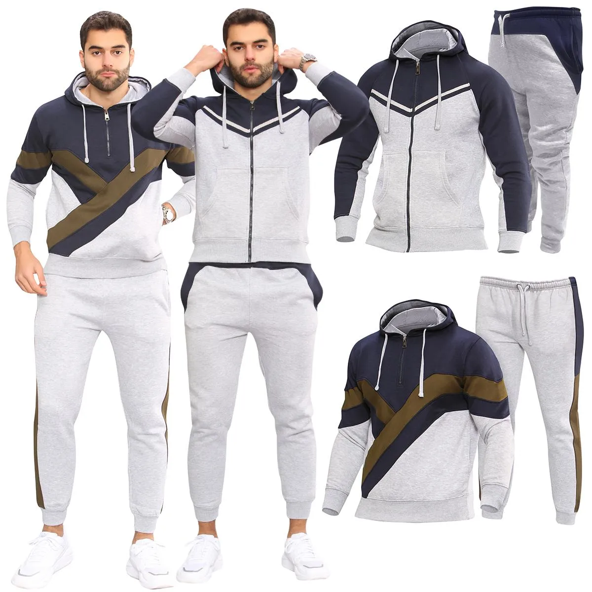 Men Fleece Side Panel Zipper Hoodie & Joggers Set