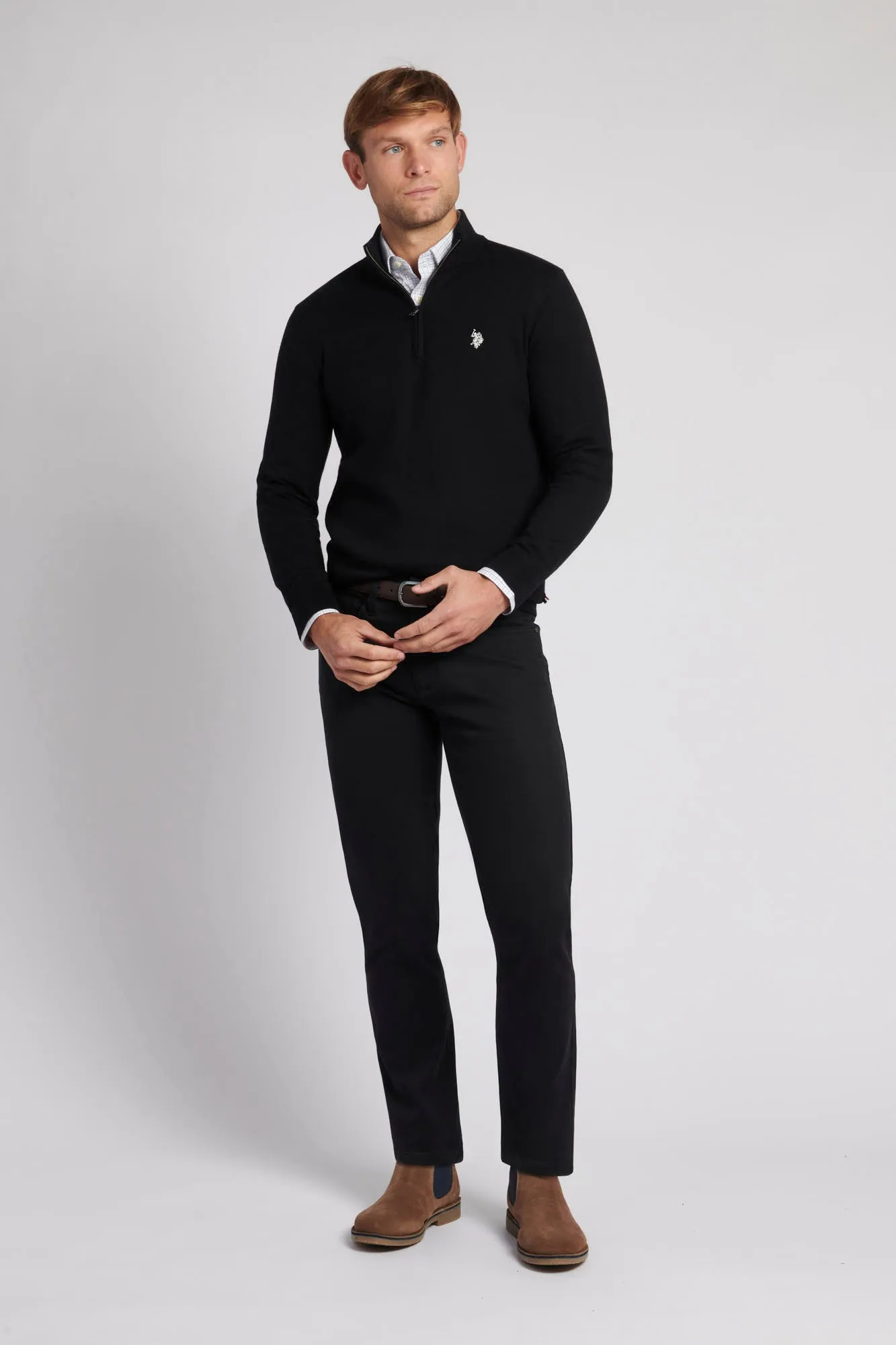 Mens Cotton Funnel Neck 1/4 Zip Knit in Black Steeple Grey DHM