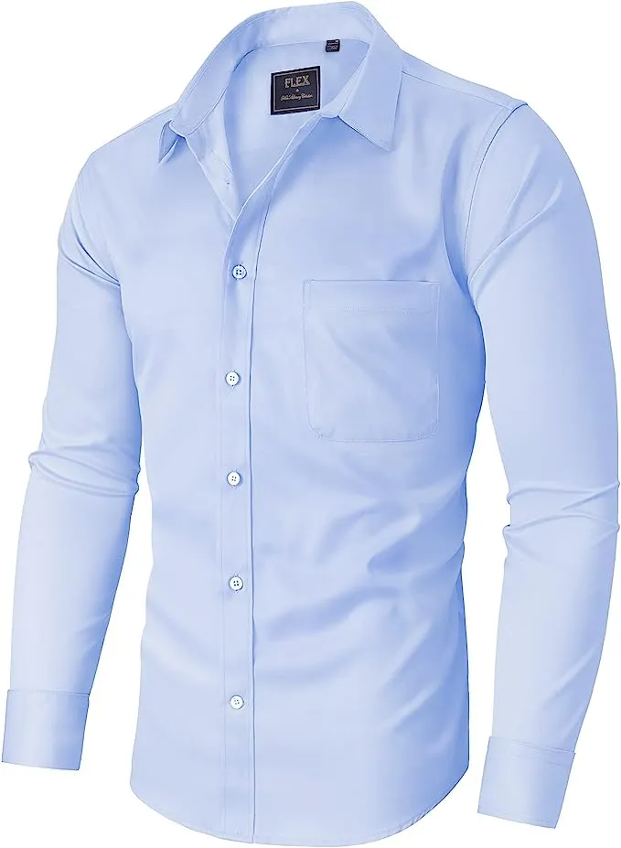 Men's Dress Shirts Wrinkle-Free Long Sleeve Stretch Solid Formal Business Button Down Shirt with Pocket - Blue