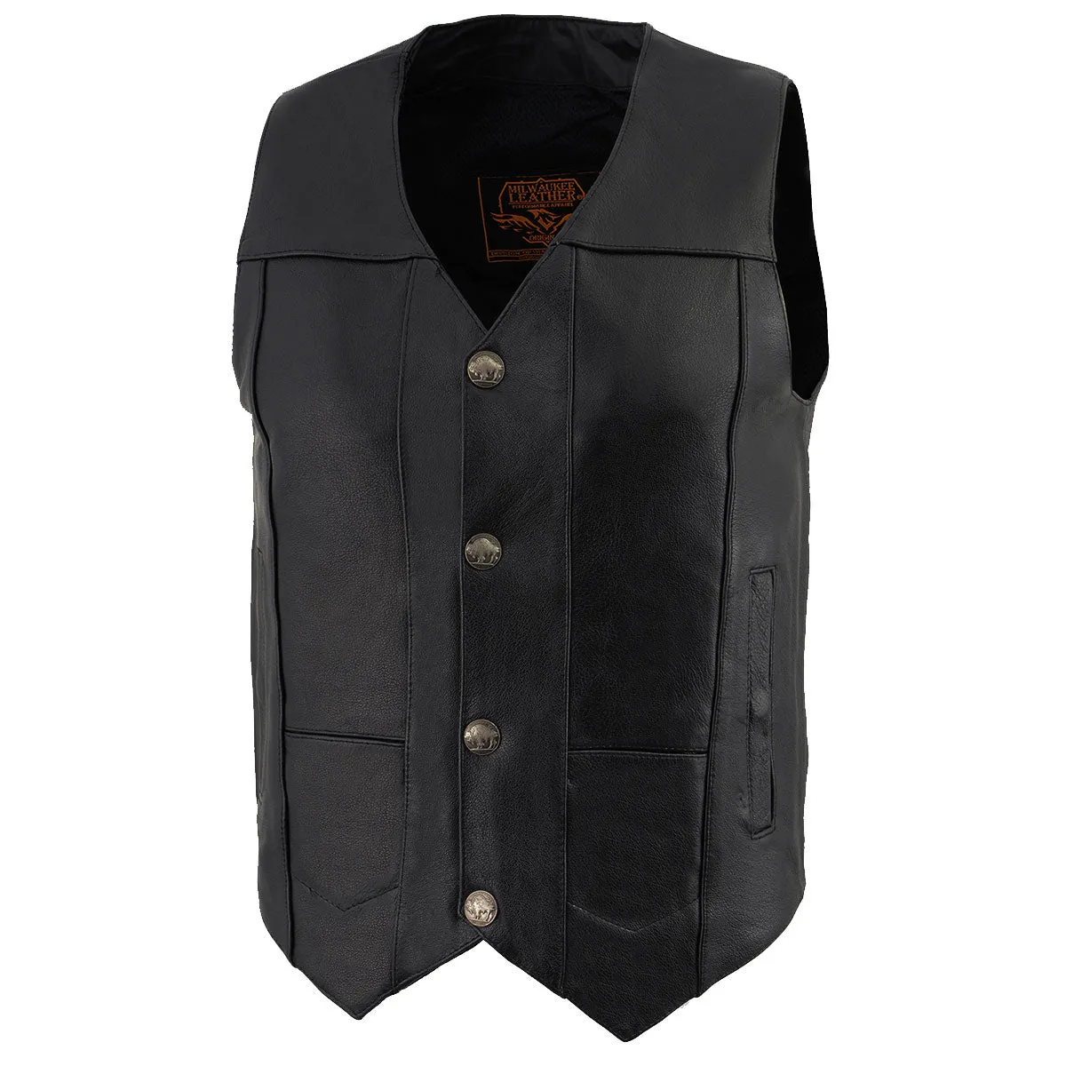 Milwaukee Leather LKM3700 Men's Black Leather Classic V-Neck Motorcycle Rider Vest w/ Buffalo Nickel Snaps Closure