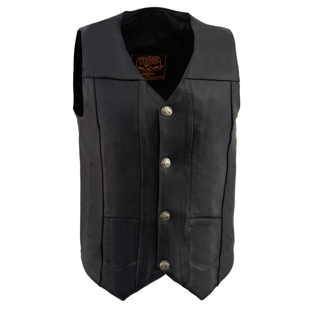 Milwaukee Leather LKM3700 Men's Black Leather Classic V-Neck Motorcycle Rider Vest w/ Buffalo Nickel Snaps Closure