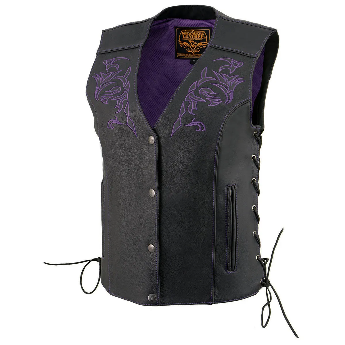 Milwaukee Leather ML1296 Women's Black/Purple Leather Side Laced Motorcycle Vest w/ Reflective Tribal