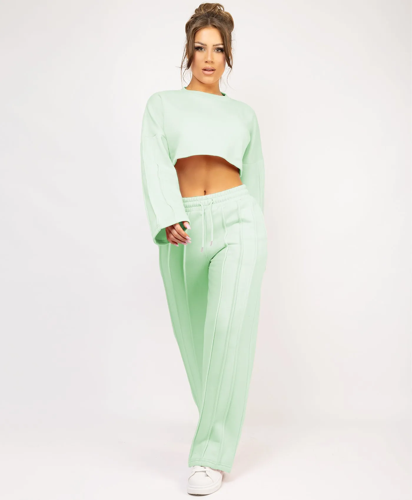 Mint Cropped Sweatshirt And Pintuck Detail Joggers Tracksuit