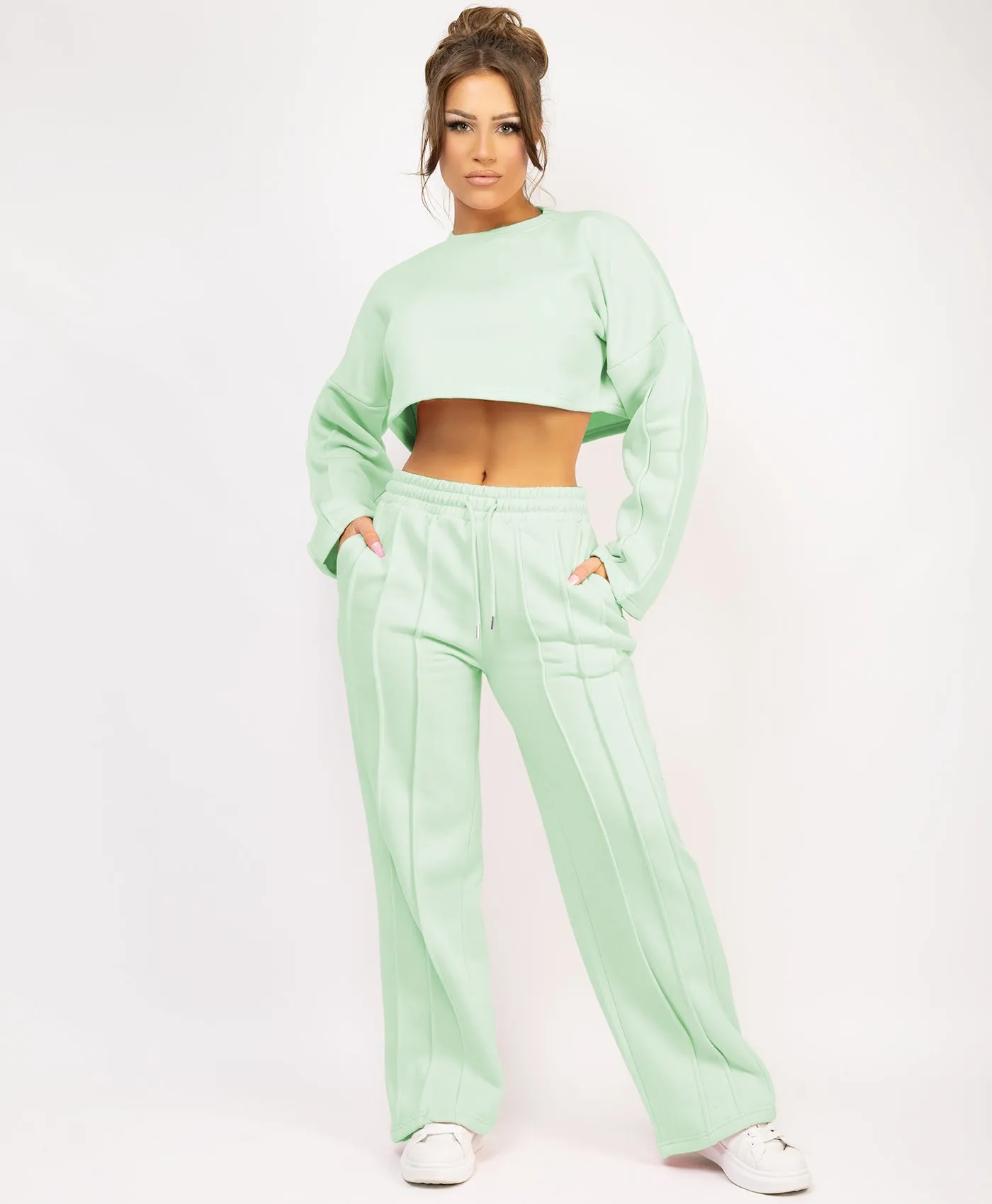 Mint Cropped Sweatshirt And Pintuck Detail Joggers Tracksuit