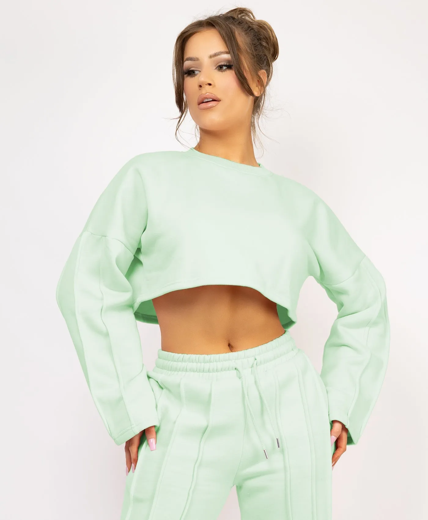 Mint Cropped Sweatshirt And Pintuck Detail Joggers Tracksuit