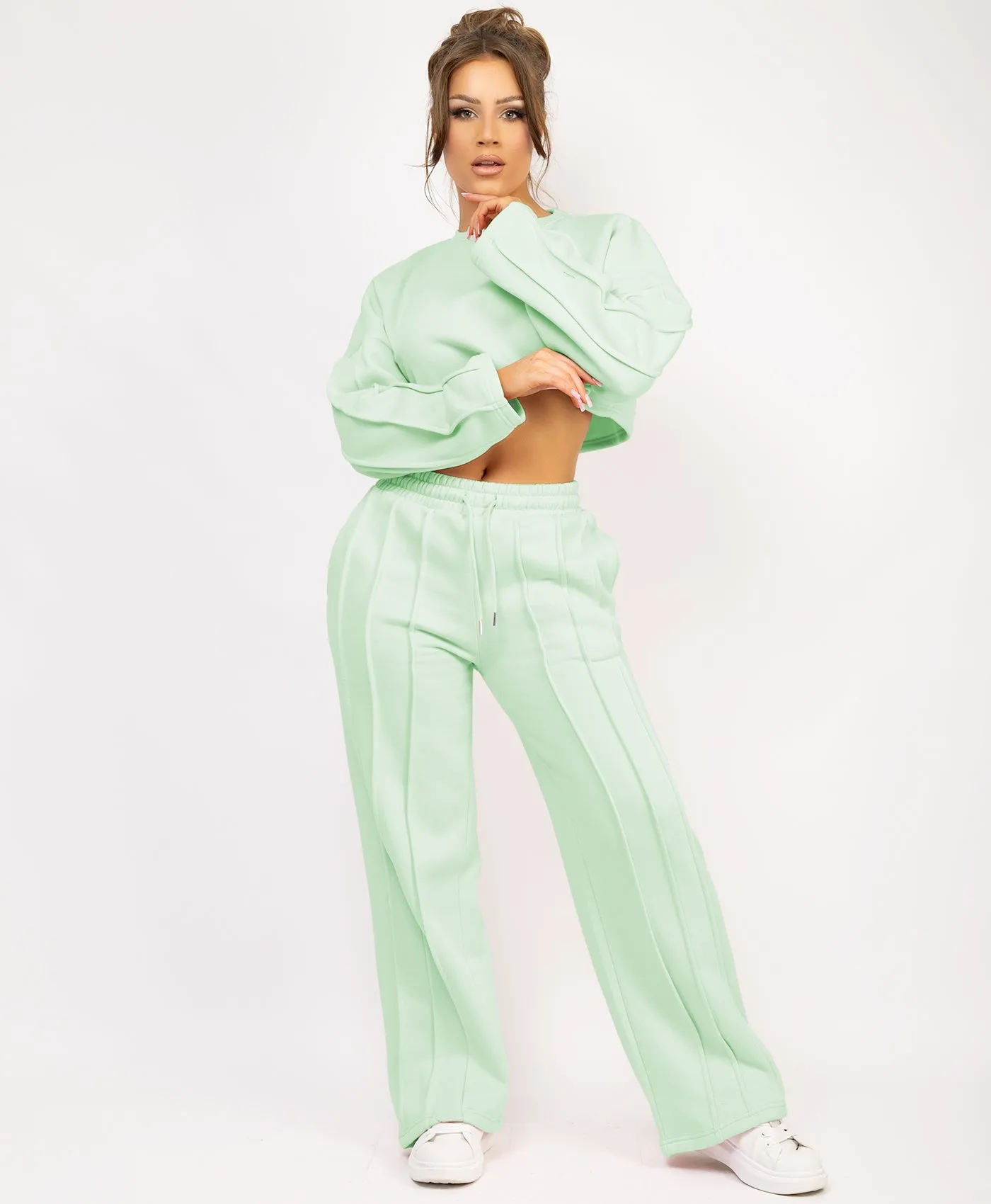 Mint Cropped Sweatshirt And Pintuck Detail Joggers Tracksuit