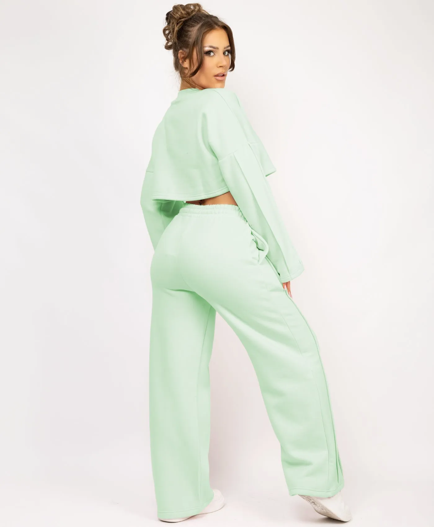 Mint Cropped Sweatshirt And Pintuck Detail Joggers Tracksuit