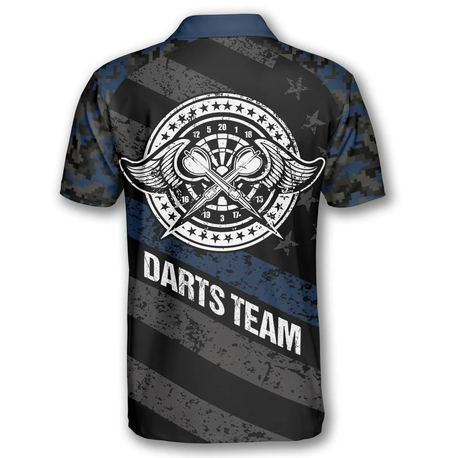 Passionate Blue Camo Custom Darts Shirts for Men, Personalized American Flag Dart Polo Shirt