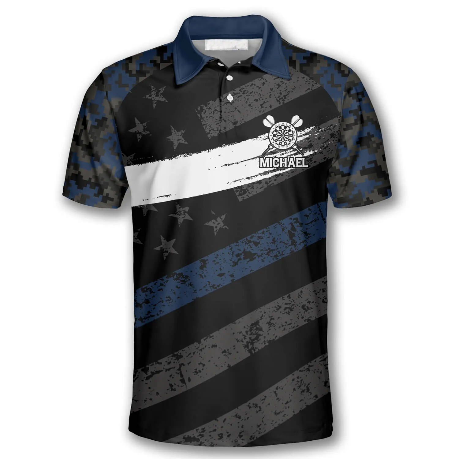 Passionate Blue Camo Custom Darts Shirts for Men, Personalized American Flag Dart Polo Shirt