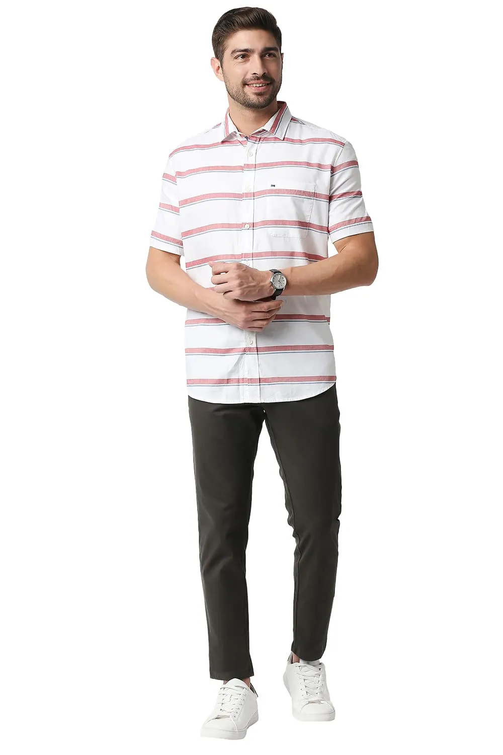 Slim Fit Oxford Horizontal Stripe Halfsleeves Shirt