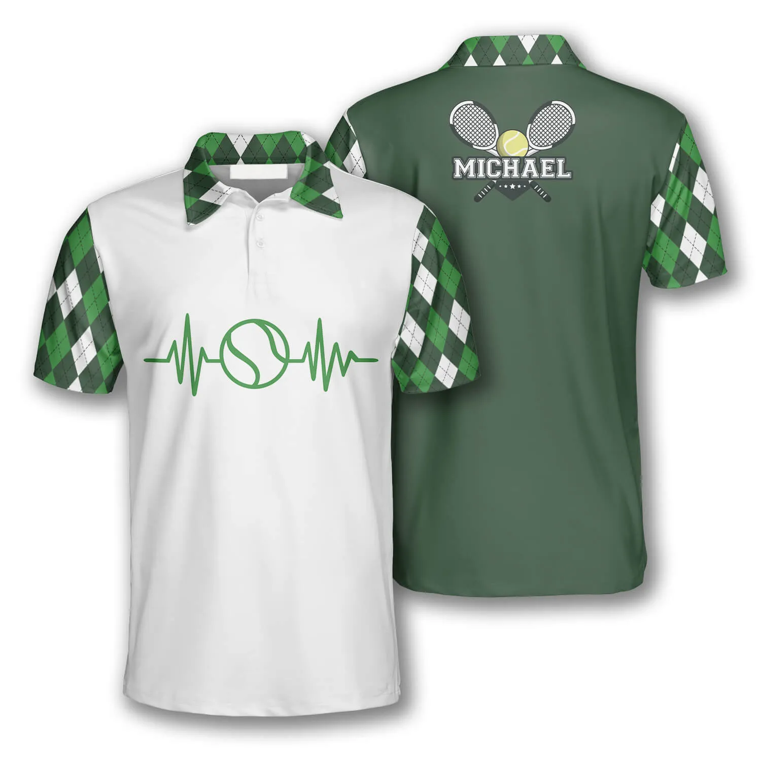 Tennis Heartbeat Pulse Line Green Argyle Plaid Custom Polo Tennis Shirts for Men