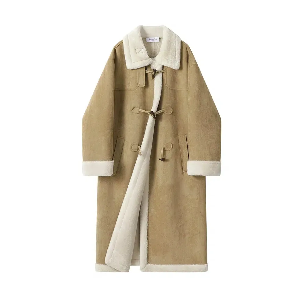 Toggle Closure Shearling Lining Wool Coat