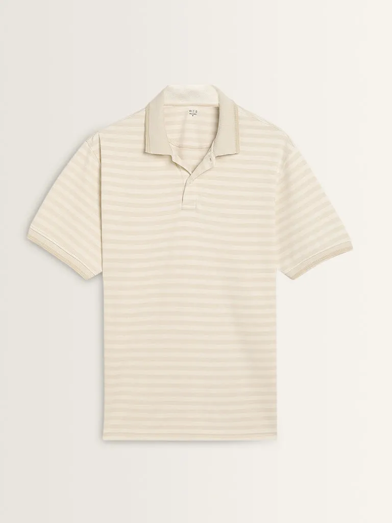 WES Casuals Beige Stripe Printed Relaxed-Fit Polo T-Shirt