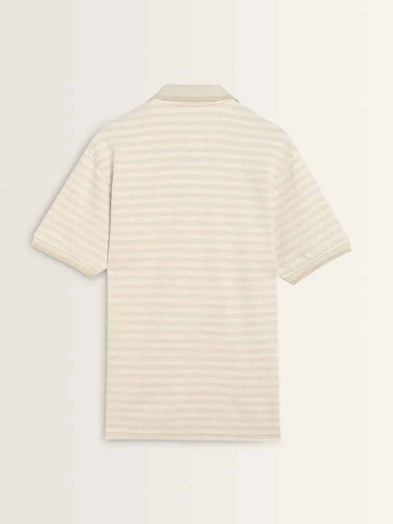 WES Casuals Beige Stripe Printed Relaxed-Fit Polo T-Shirt