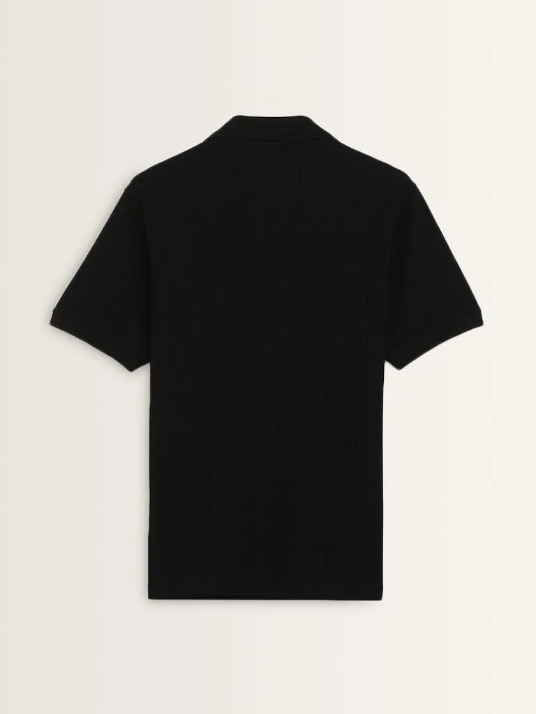 WES Casuals Black Knitted Relaxed-Fit Cotton Polo T-Shirt