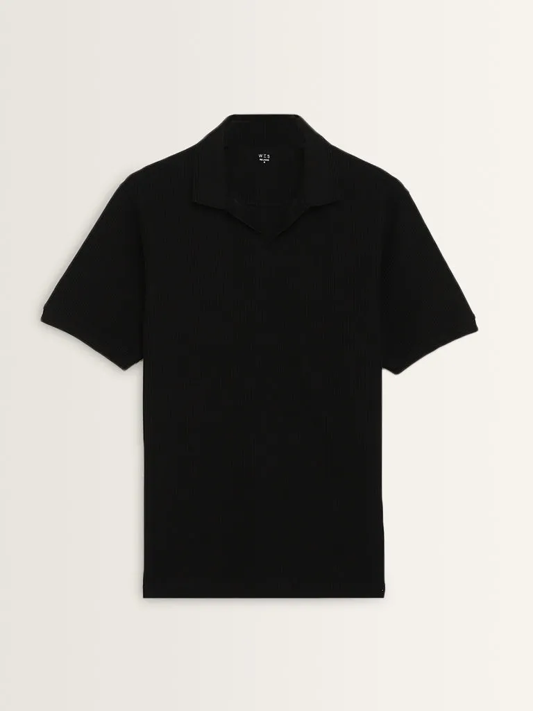 WES Casuals Black Knitted Relaxed-Fit Cotton Polo T-Shirt