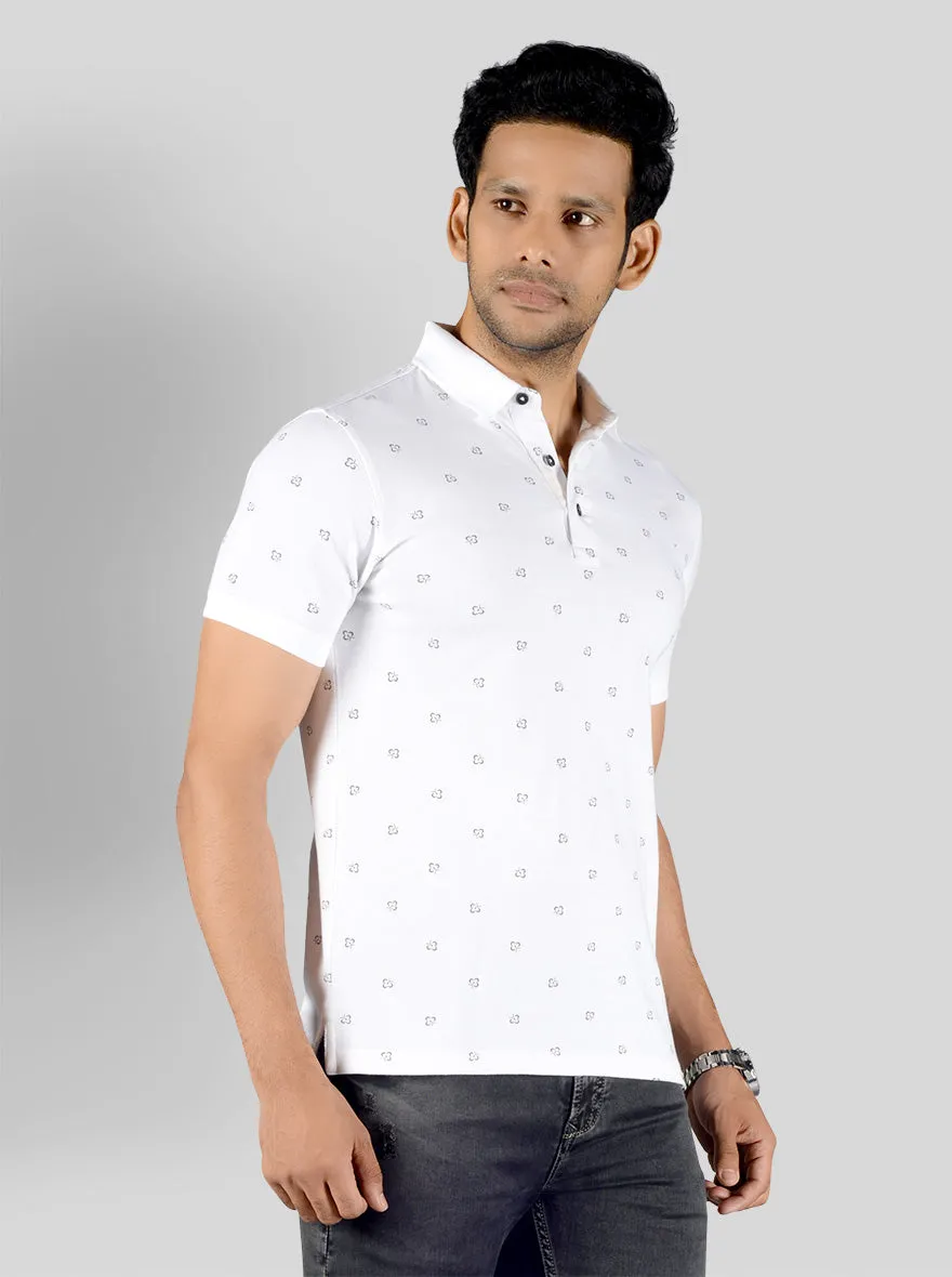 White Printed Slim Fit Polo T-shirt | JadeBlue