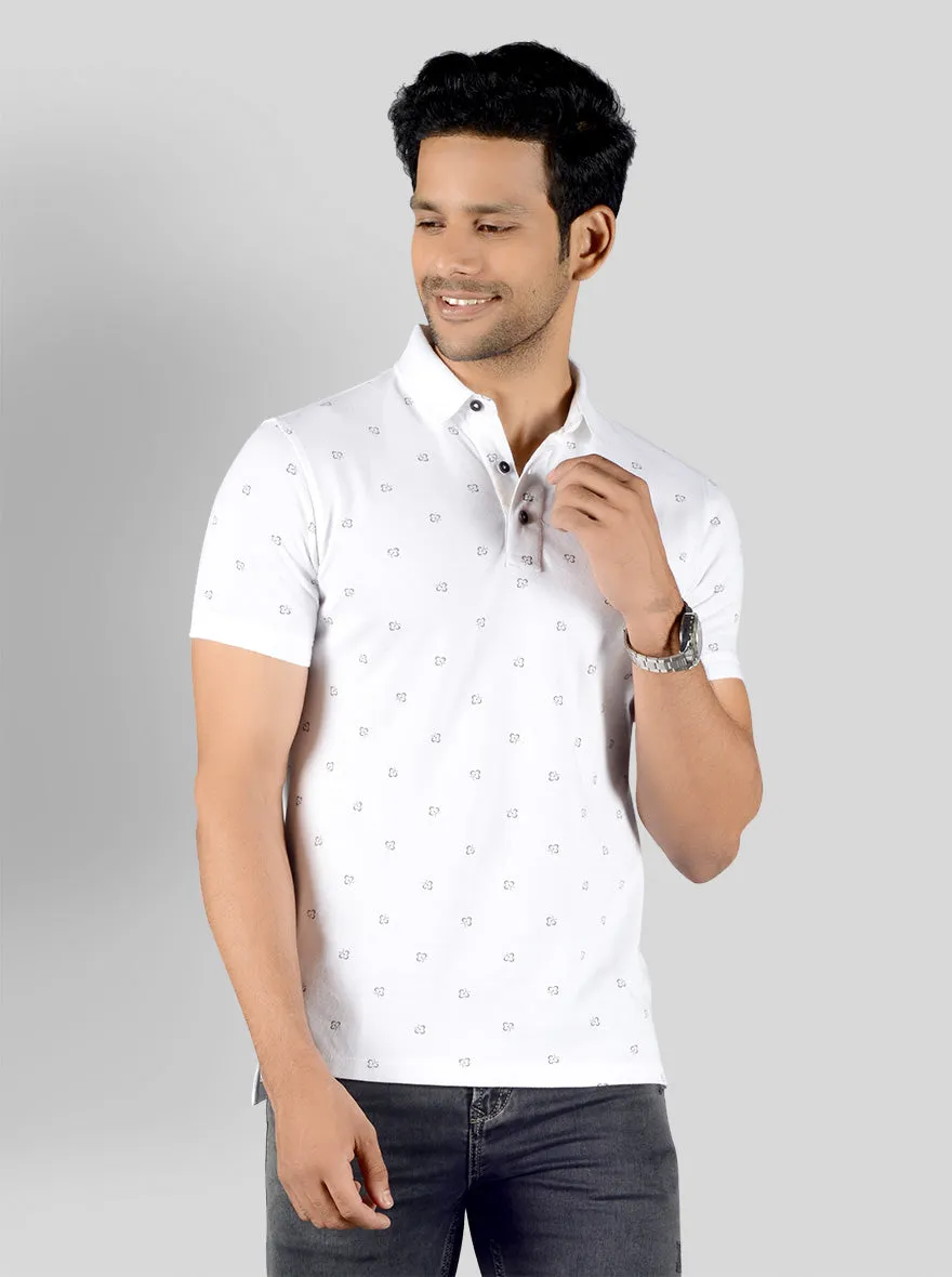 White Printed Slim Fit Polo T-shirt | JadeBlue