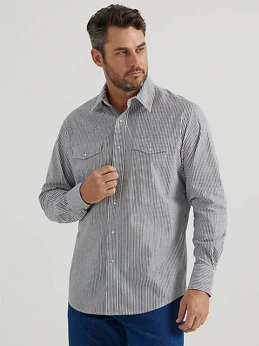 Wrangler Wrinkle Resist Lng Sleeve Snap Shirt- Mens - Black/White Stripe