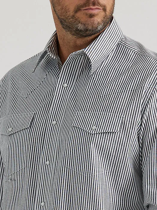 Wrangler Wrinkle Resist Lng Sleeve Snap Shirt- Mens - Black/White Stripe